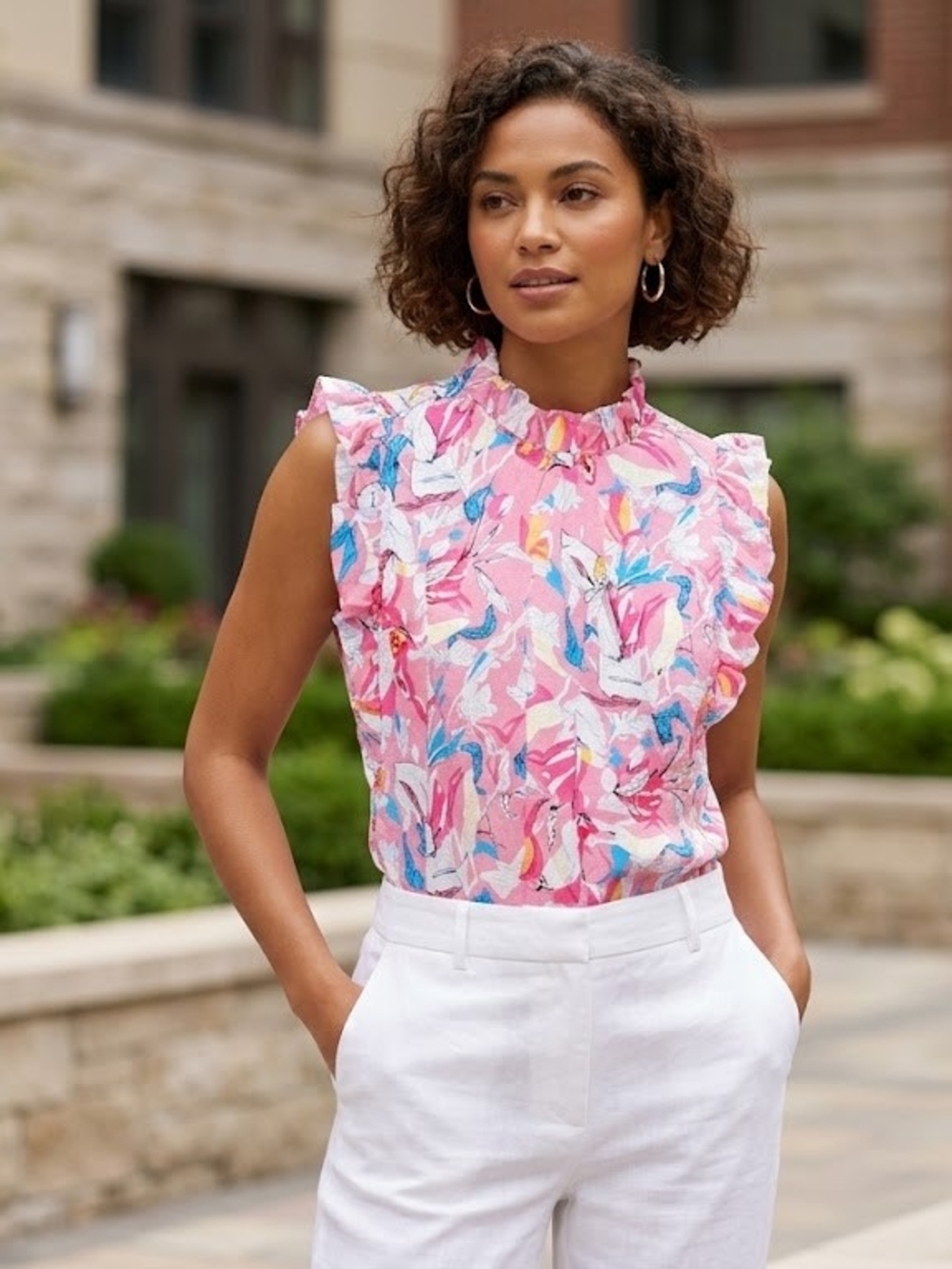 THML Pink Floral Ruffle-Neck Sleeveless Blouse